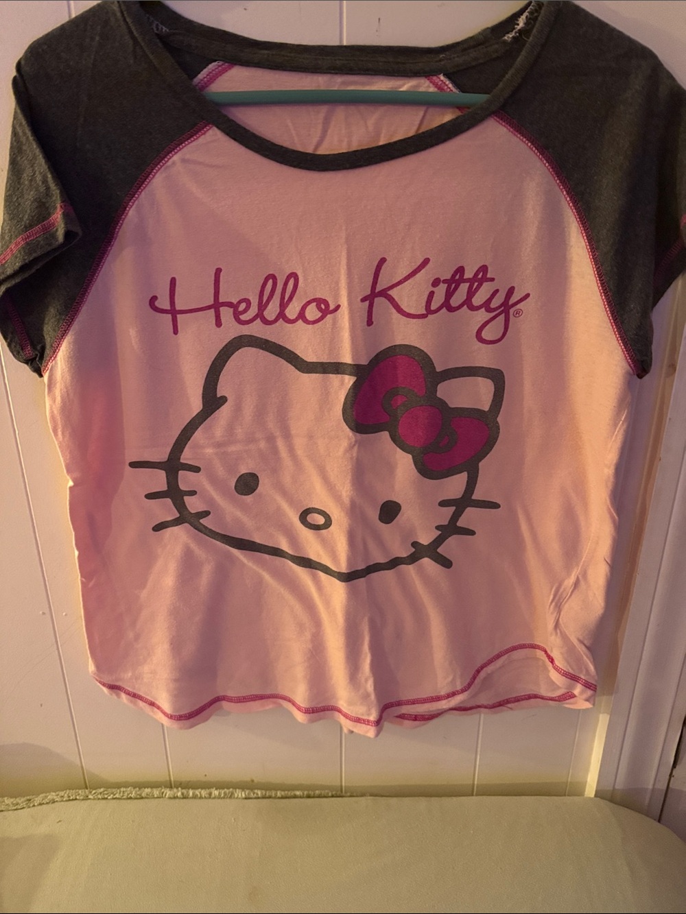 Hello Kitty Pink and Charcoal Raglan Short Sleeve Tee